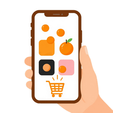 Điện thoại có icon Shopee, TikTok Shop và quả cam rơi vào giỏ